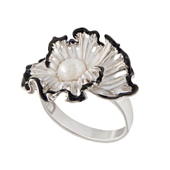 Кольцо серебряное "Цветок" с жемчугом, эмалью